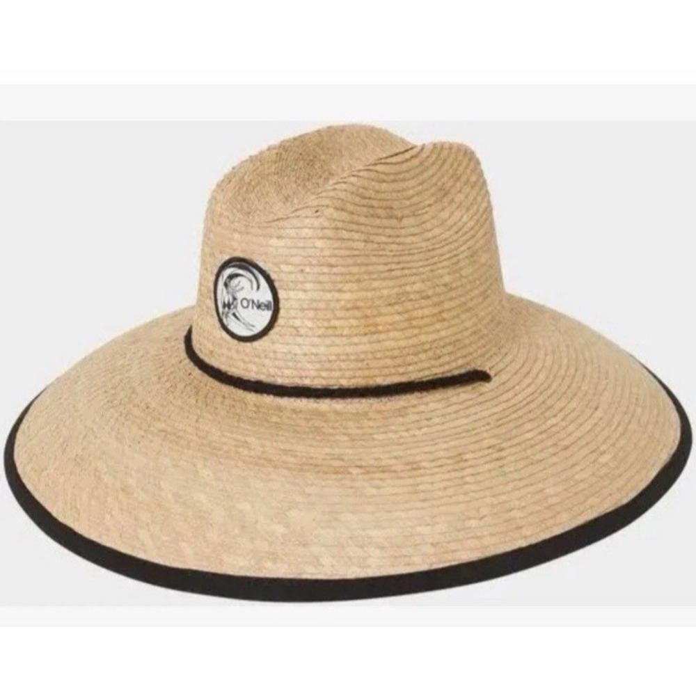 O'Neill Mens Straw Wide Brim Sun Hat Beige Black Lightweight Logo L/XL NEW